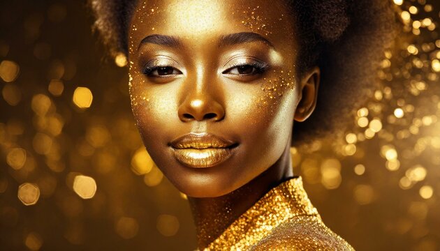 Portrait closeup Beauty african woman face in gold paint. Golden shiny skin. Fashion model girl posing.