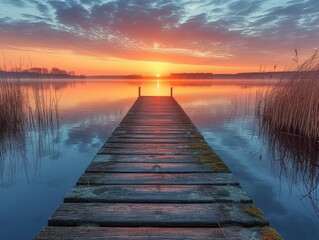 The warm glow of dawn bathes a lakeside jetty, with serene waters and reeds framing the rising sun. - obrazy, fototapety, plakaty