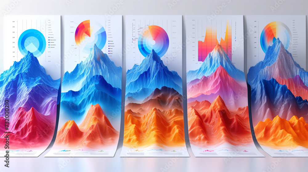 Poster flames on white background, graphs and charts in a4 many page on the table no text and white backgro
