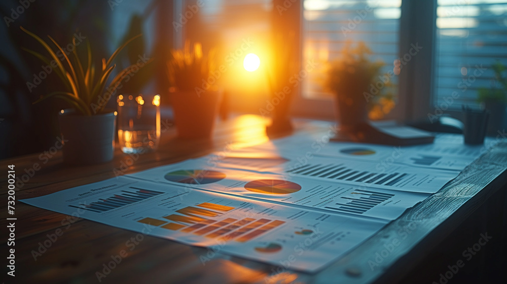 Poster sunset in the labyrinth, graphs and charts in a4 many page on the table no text and white background