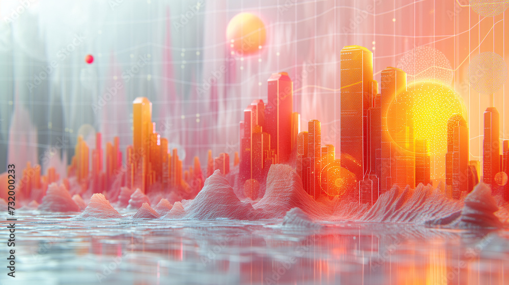 Poster background with lights, graphs and charts in the background and white background, ai generated image