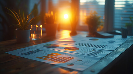 sunset in the labyrinth, Graphs and charts in A4 many page on the table no text and white background, Ai generated image
