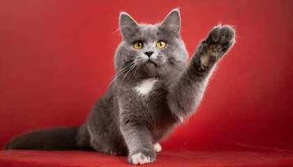 Full length portrait of a gray cat, reaching one paw, red background	

