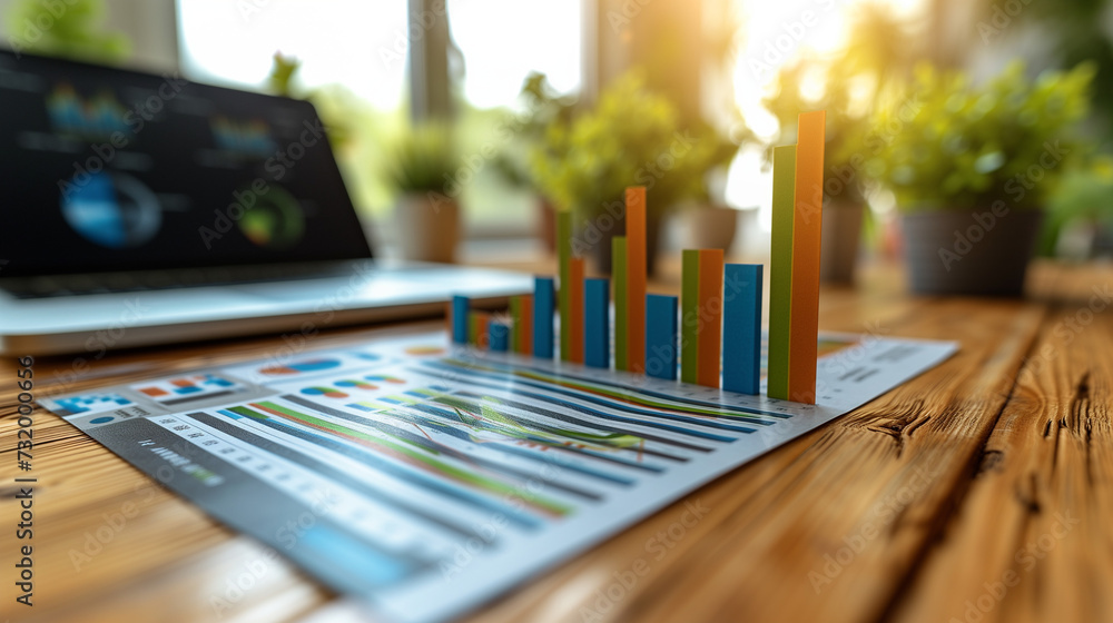 Poster neatly arranged bar charts and graphs symbolize diverse business metrics on a desk in a serene offic