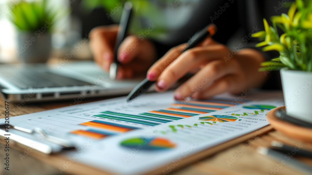 Poster person working on laptop, neatly arranged bar charts and graphs symbolize diverse business metrics o