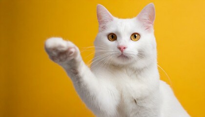 Full length portrait of a white cat, reaching one paw, yellow background