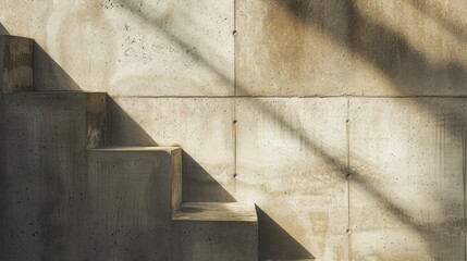 Morning sunlight casts sharp shadows on a weathered concrete structure, highlighting its geometric angles.