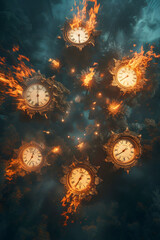A composition of multiple clocks arranged in a circle, each one ablaze, symbolizing the cyclical and relentless nature of time


