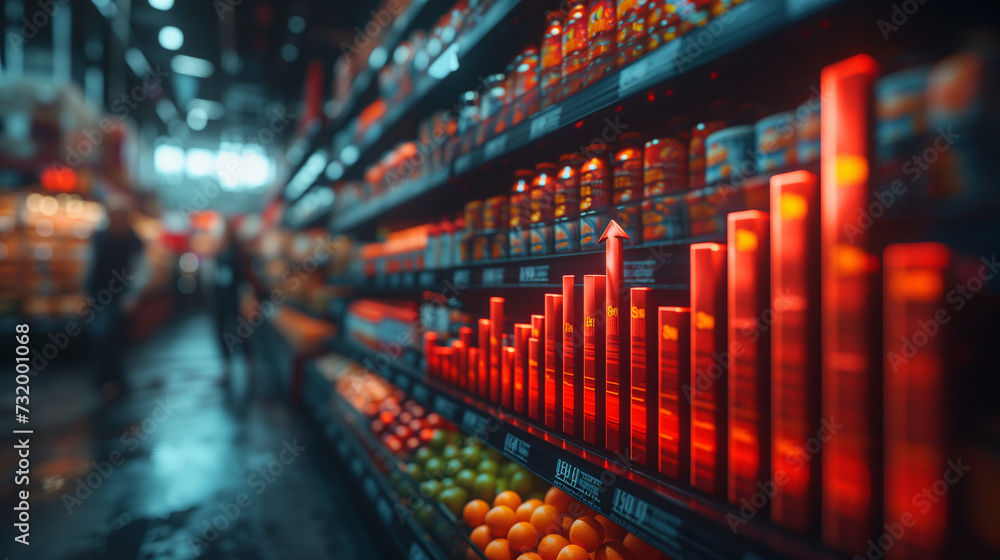 Poster background with glowing lines, red growing up large arrow on abstract blur image of supermarket back