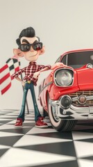 Cartoon digital avatars of Revved Up Racer Leaning against a vintage muscle car with a checkered flag in the background.