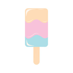 Hand drawn hand drawn flat deliciously refreshing ice cream on a stick. Sweet dessert in blue, pink and beige colors. Cartoon flat vector illustration isolated on white background