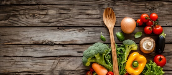 Healthy eating concept with fresh organic vegetables on a wooden floor, featuring fork and spoon with copy space.