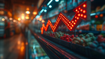 lights at night, Red growing up large arrow on abstract blur image of supermarket background. Bar charts and graphs. Rising food prices. Inflation concept, Ai generated image - obrazy, fototapety, plakaty