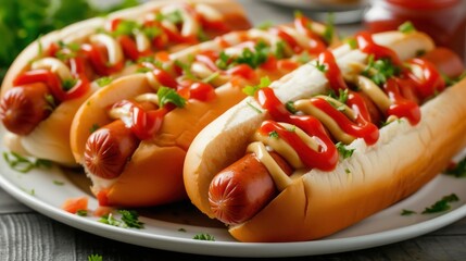 Delicious hot dogs with sausages, ketchup and mustard on a plate close-up - obrazy, fototapety, plakaty