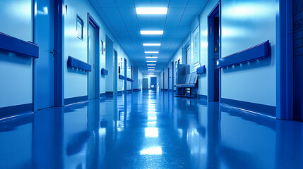 Clinical Corridor in a Modern Hospital, Clean and Professional Healthcare Environment, Blue Toned Interior Design