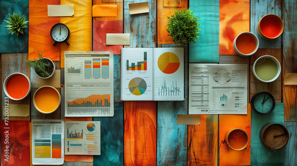 Poster business documents with colorful charts and graphs being analyzed through concept white background, 