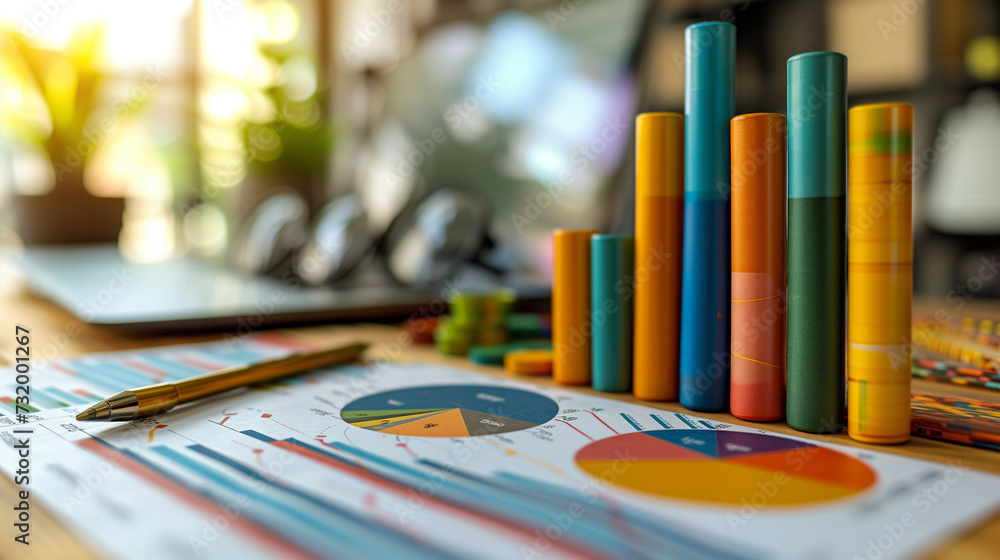 Poster close up of pencils on the table, ranted business documents with colorful charts and graphs being an