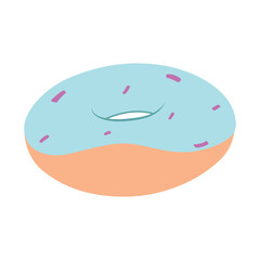Hand drawn flat donut isolated on a white background. Cute, colorful donut with blue glaze and purple sprinkles. Simple modern design. Realistic vector illustration in flat style