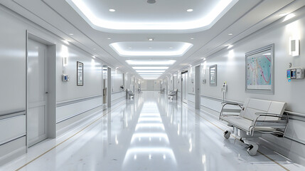 Clinical Hospital Corridor, Modern Medical Facility with Clean and Bright Interior
