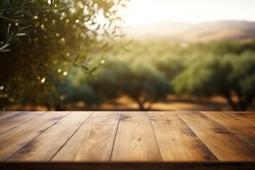 Empty wooden table on blurred natural background of olive garden. Mockup for your design, product advertising - obrazy, fototapety, plakaty