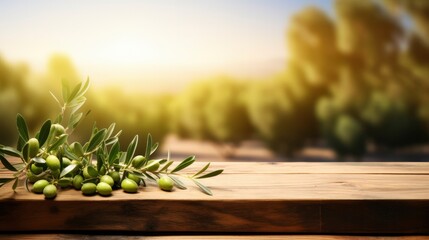 Branch of green olives with leaves on empty wooden table on blurred natural background of olive...