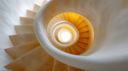 Warm light enhances the hypnotic spiral of an elegant stone staircase, invoking a sense of infinite descent.