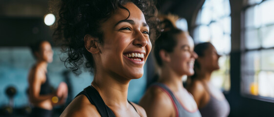 Joy radiates from a woman enjoying a group fitness class, a blend of energy and serenity in motion