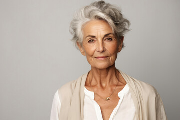 Portrait of chic beautiful gray-haired mature woman 50-60 years old in elegant clothes on gray background. An elderly woman smiles and looks at camera. Beautiful old age, cosmetology, face lifting - obrazy, fototapety, plakaty