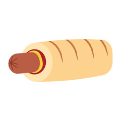 Hand drawn flat french hot dog isolated on white background. Street fast food concept in flat design. Vector colorful illustration of take away food