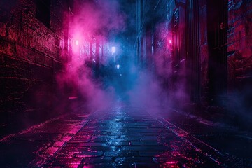 Dark street, night smog and smoke neon light. Dark background of the night city, ray of light in the dark. Gloomy dark background. - obrazy, fototapety, plakaty