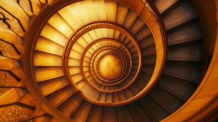 A stunning top-down view of a spiral staircase, radiating a golden hue that enhances its grandeur.
