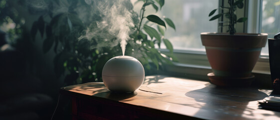 Sunlight filters through a serene scene, casting long shadows over an air humidifier at work, its steam mingling with the tranquil greenery of potted plants by the window..