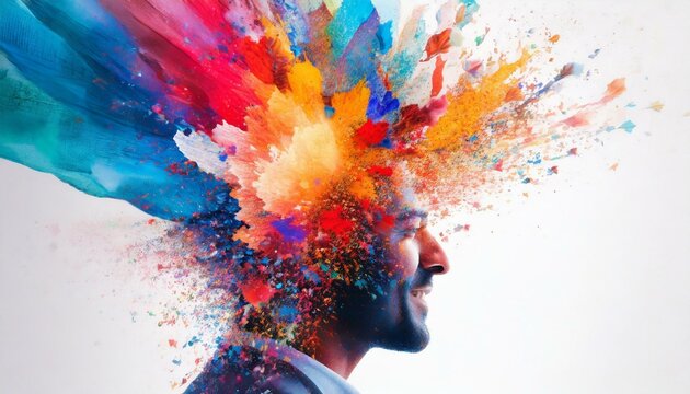Colorful painted explosion in head. Concept of creative mind and imagination. Silhouette of human hand with colored fragments