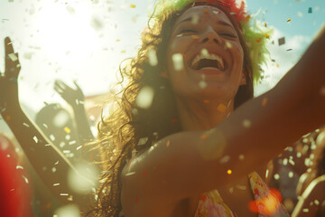 Jovem mulher se diverte no carnaval, festa comemoração feriado