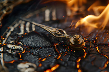 A close-up photograph of a vintage clock face melting into liquid fire, capturing the fragile and...