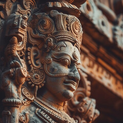Fototapeta premium Photograph of the Head of an Ancient Temple Statue Depicting a Hindu Deity. A Captivating Image Capturing the Spiritual Essence 