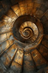 Close-up of a spiral staircase showcasing the textured patterns and golden light reflecting off its surface.