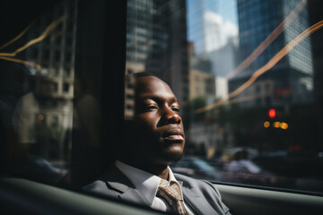 Black businessman commuting to the work using NYC subway train - obrazy, fototapety, plakaty