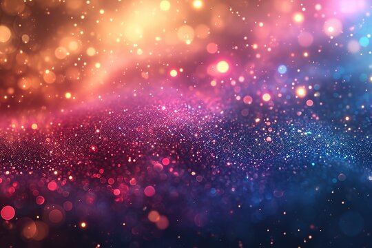 Glittering gradient background with hologram effect and magic lights. Holographic abstract fantasy backdrop with fairy sparkles, gold stars and festive blurs.