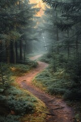 Obraz premium Sunlight filters through dense forest canopy onto a winding path, casting a warm glow over the serene landscape.