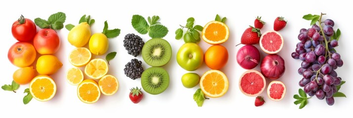 A vibrant banner on a white background showcasing rows of fresh fruits including apples, lemons, grapes, kiwis, and oranges