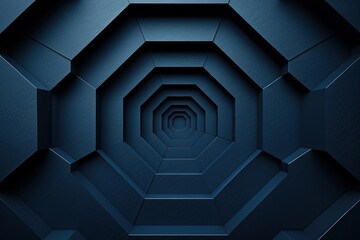 Hexagonal dark blue navy background texture placeholder, radial center space, 3d illustration, 3d rendering backdrop