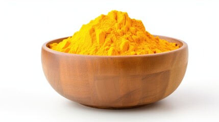 turmeric with yellow powder in a wooden bowl isolated on a white background, front view 