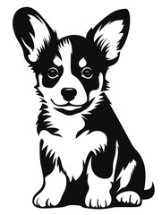 Fototapeta premium A black and white image of a corgi puppy sitting down.
