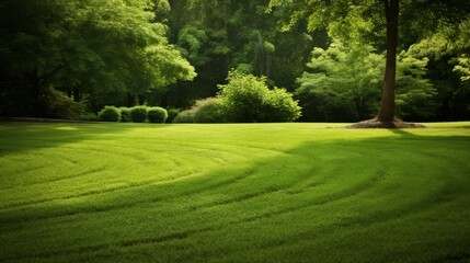 A neatly mowed lawn in a garden. The garden is bordered by trees, bushes and shrubs.  - obrazy, fototapety, plakaty