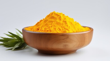 turmeric with yellow powder in a wooden bowl isolated on a white background, front view 