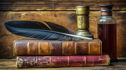 Quill pen rests on aged leather-bound books next to an antique brass candleholder and ink bottle.
