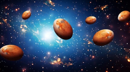 Fototapeta premium Stellar backdrop featuring eggs in space. Concept of interstellar, cosmic birth, astronomy, and celestial mystery.