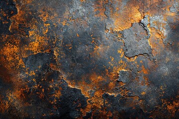 Modern old grunge metal background with corroded metal structure with scratches in black, brown and orange colors, industrial and vintage style - obrazy, fototapety, plakaty