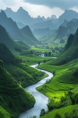 Fototapeta na wymiar Sunlight gently illuminating a serene river valley, with lush rice terraces amidst majestic karst mountains.
